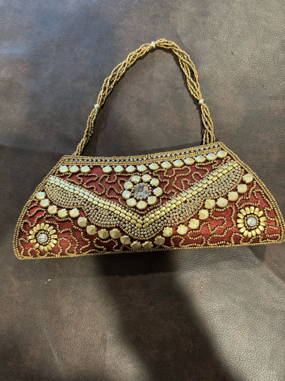 Embellished Red & Gold Beaded Women's Evening Bag